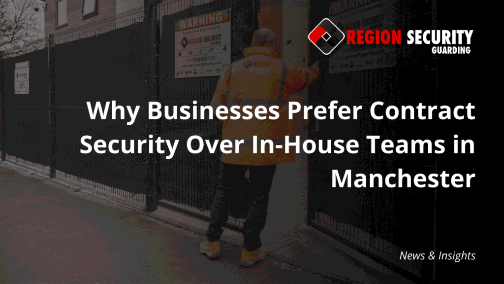 A guard in a high-visibility jacket is shown closing a large gate, a typical operation for business security services Manchester.