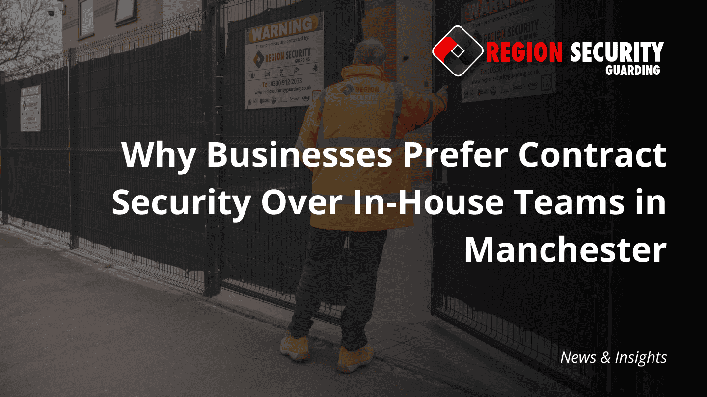 A guard in a high-visibility jacket is shown closing a large gate, a typical operation for business security services Manchester.