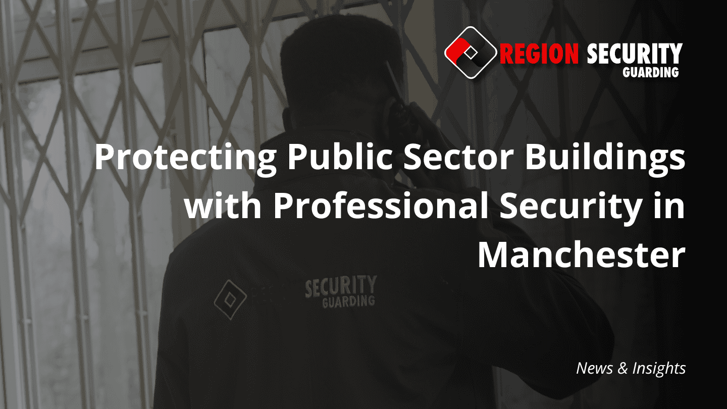 A professional security officer standing guard at an entrance with metal grating, illustrating the commitment to professional security services Manchester for public facilities.