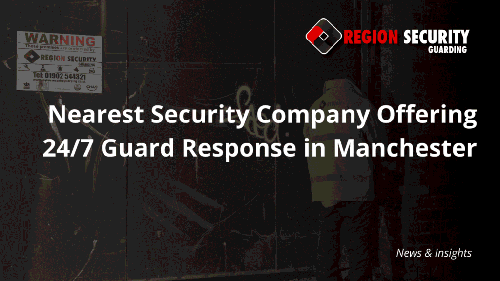 A security guard in a hi-vis jacket stands near a fence and a warning sign, representing the nearest 24/7 guard response security company in Manchester.