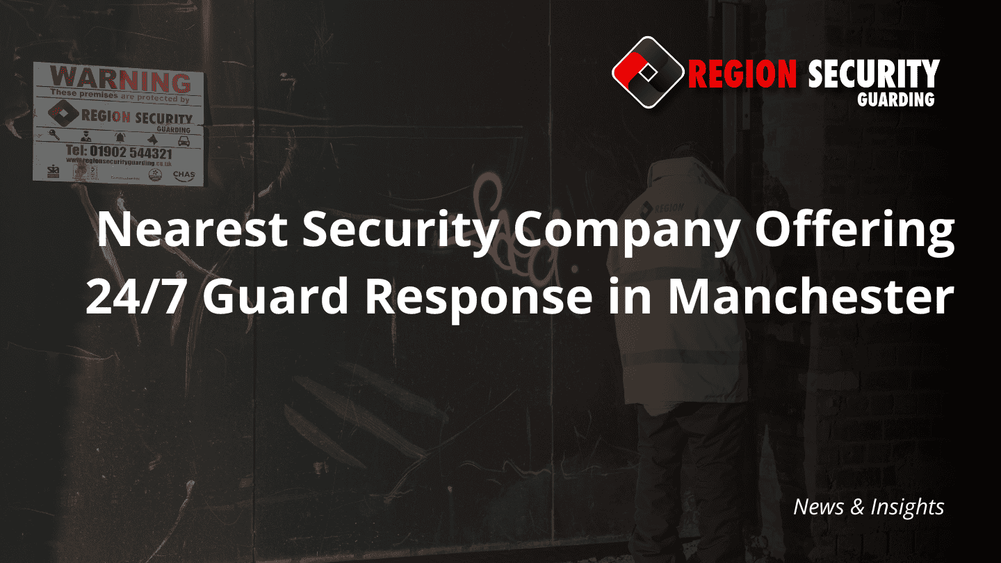 A security guard in a hi-vis jacket stands near a fence and a warning sign, representing the nearest 24/7 guard response security company in Manchester.