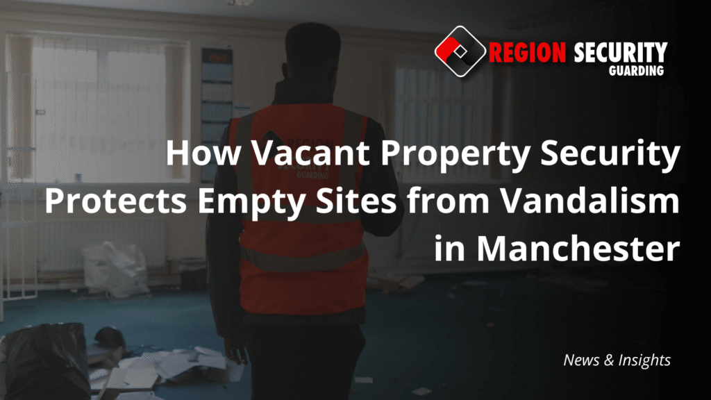 A security guard patrols a derelict room, demonstrating our dedicated security solutions for empty commercial buildings Manchester.