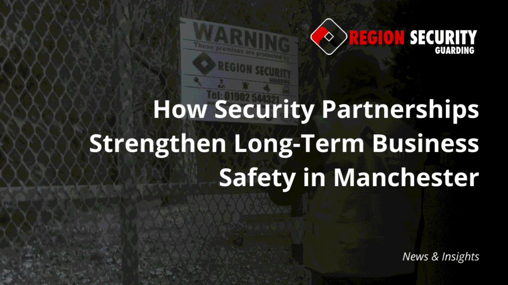 A security officer stands guard at a chain-link fence with a warning sign, emphasising the need for long term business safety Manchester.
