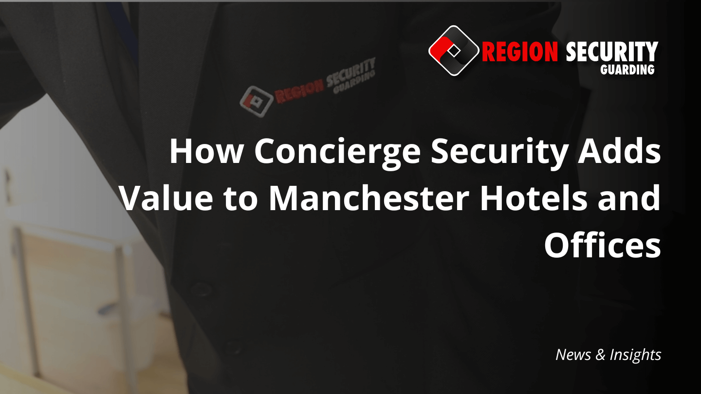A smartly dressed security guard in a hotel or office lobby, highlighting the benefits of hiring concierge security in Manchester.
