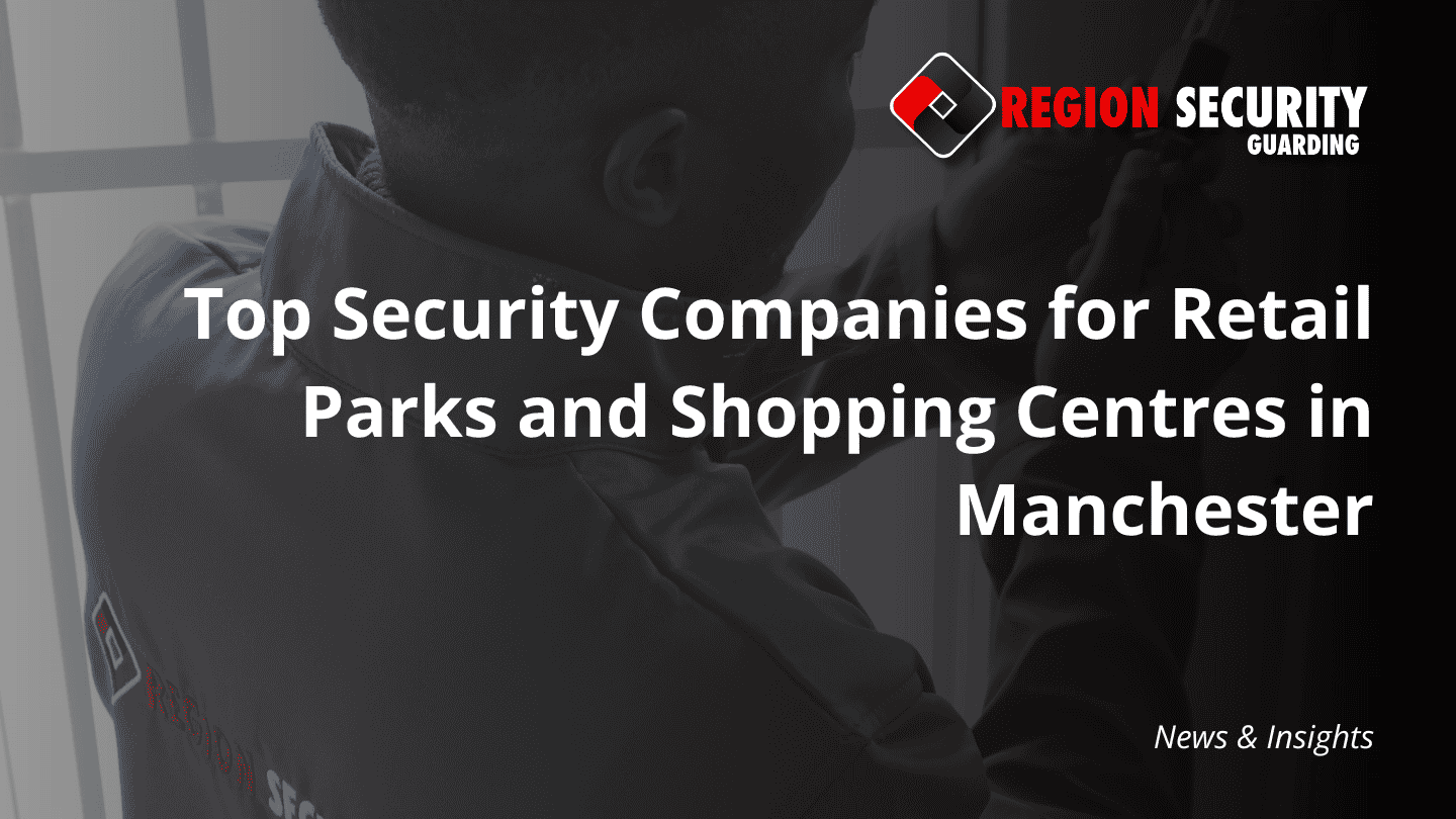 A uniformed guard securing a commercial access point, highlighting the physical access control provided by security solutions for Manchester shopping centres.