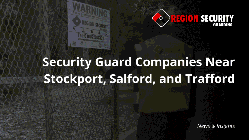 A uniformed officer in a high-visibility vest stands by a perimeter fence with a warning sign, representing professional Security guard companies near Stockport, Salford, and Trafford.