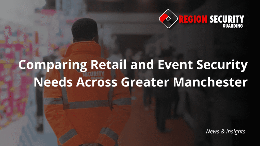 A uniformed security officer engaging in active communication in a high-footfall area, highlighting the differences between retail and event security in Greater Manchester.