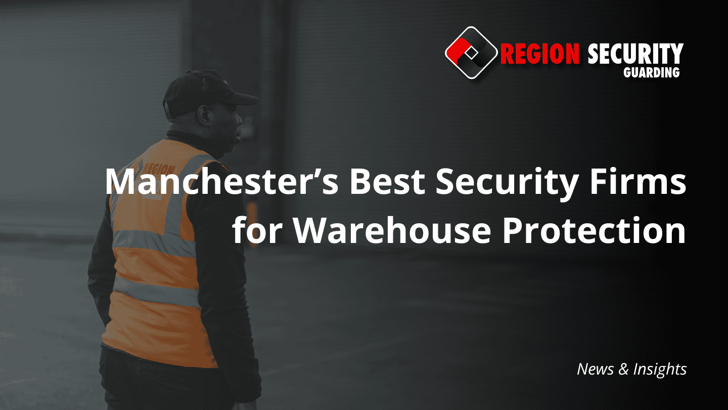 A uniformed security officer in a high-visibility vest walking through a warehouse environment, symbolising the Top 5 Best Warehouse Security Firms in Manchester.