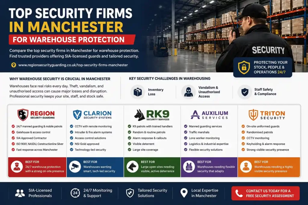 Compare leading security firms in Manchester offering tailored warehouse security services, including manned guarding, CCTV, mobile patrols, and access control.