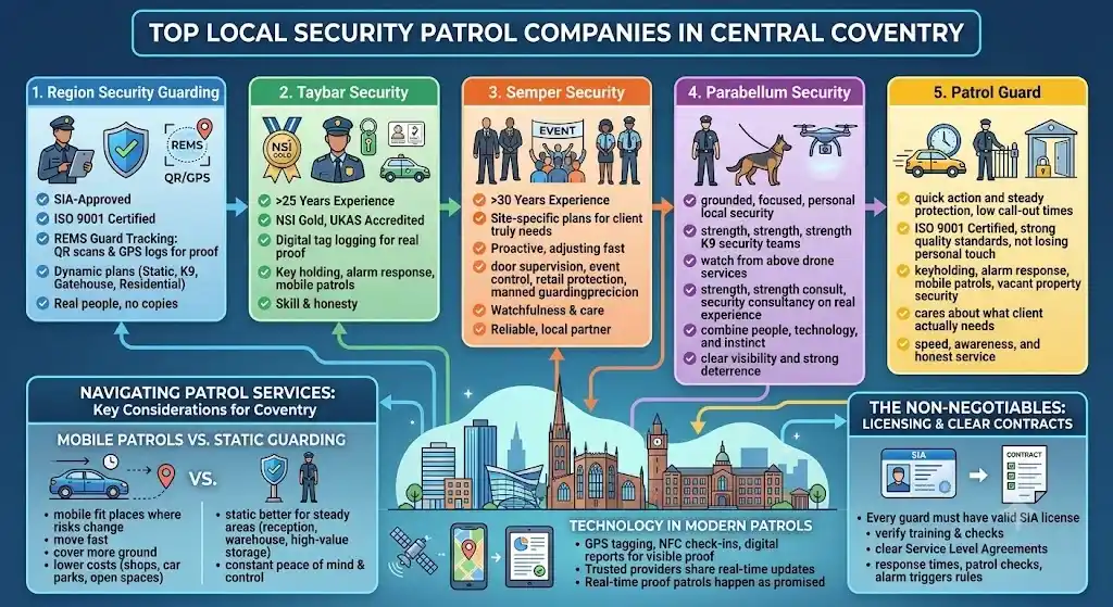 Comparison of leading security patrol companies in Central Coventry featuring mobile patrols, manned guarding, GPS tracking, alarm response and security services