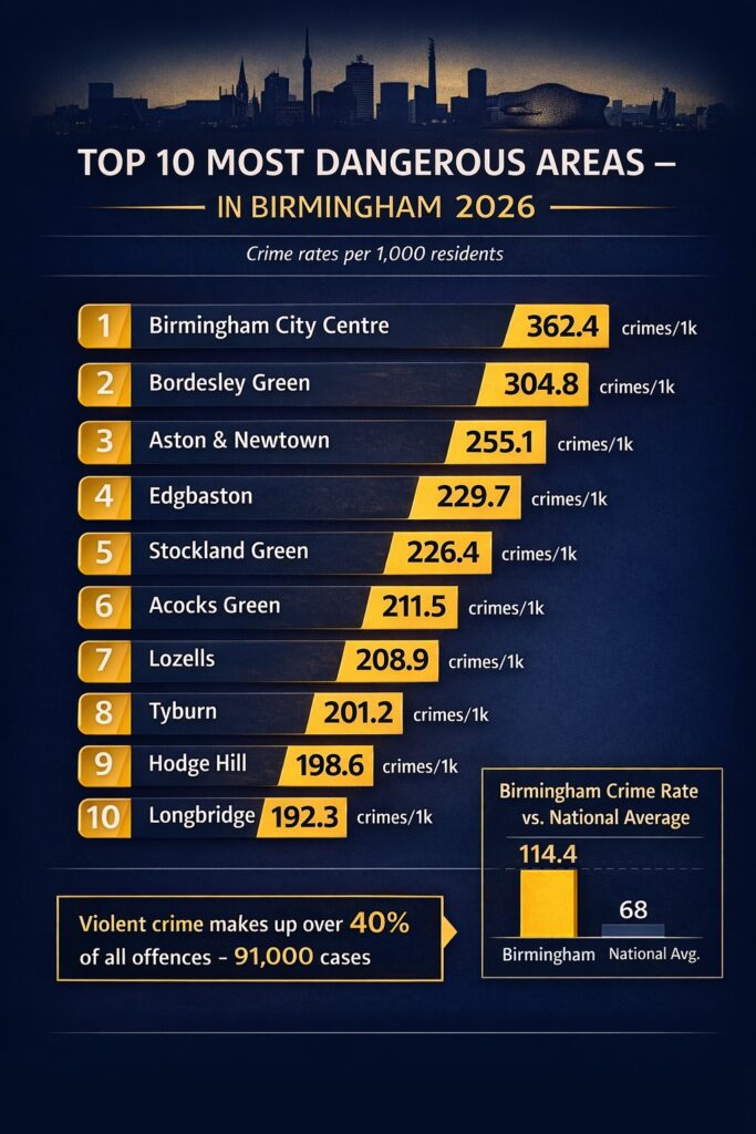 A historical place that is seen with the overlay of text “Top 10 most dangerous areas in Coventry.”