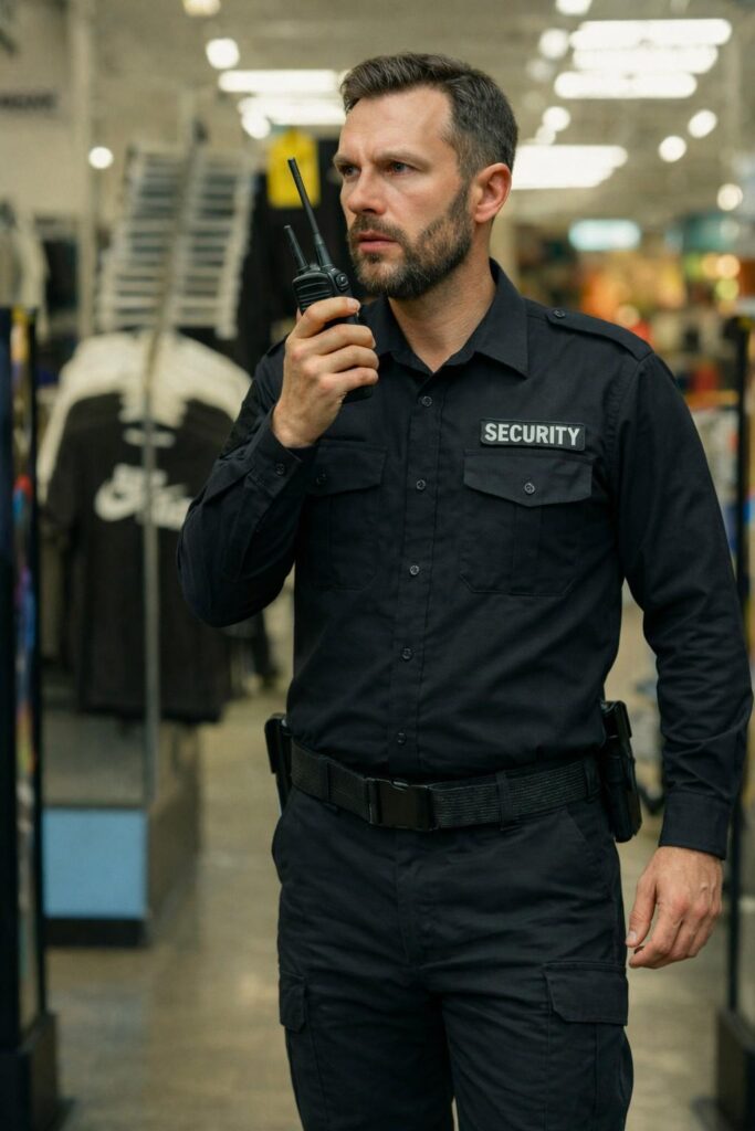 Professional retail security service maintaining safety and assisting customers at store entrance.