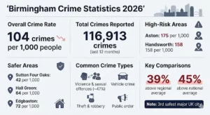 Birmingham crime statistics 2026 infographic showing the crime rate