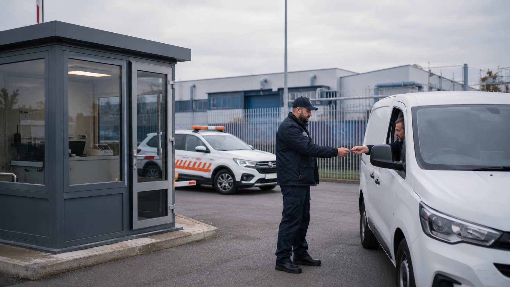 Security officer checking vehicle access at a warehouse gatehouse entrance outside an industrial facility