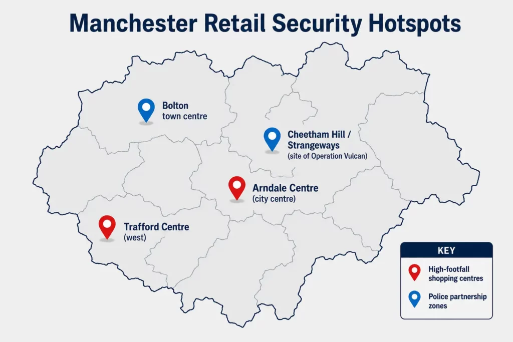 Map of Manchester showing high retail security locations