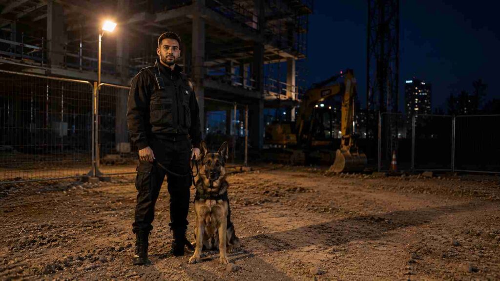 Security dog handler guarding a construction site at night