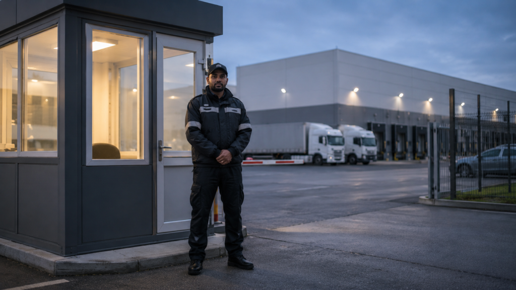 Security guard standing outside a warehouse gatehouse.