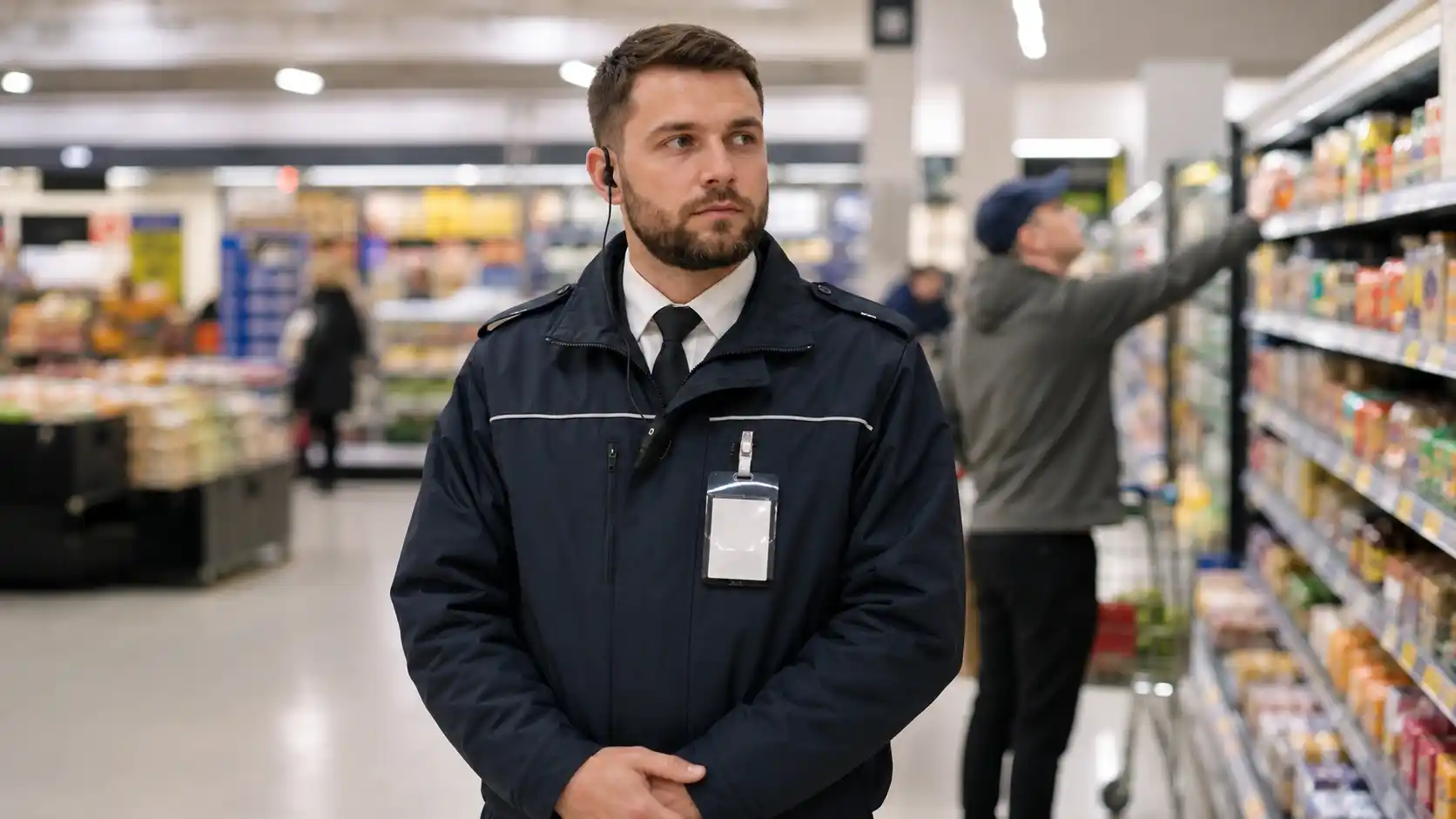 Security guard watching as shoplifter reaches for product in UK supermarket