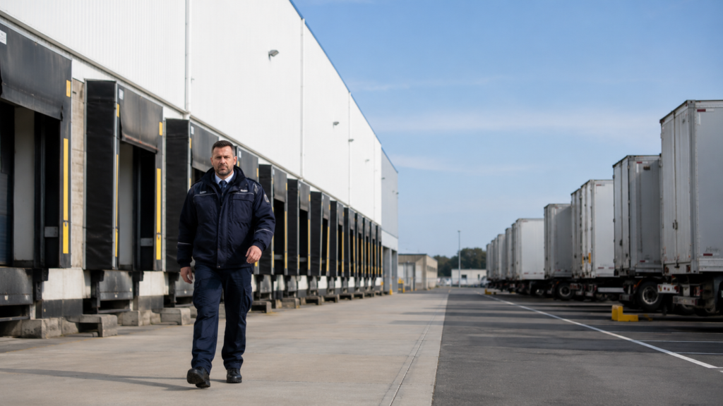 Security officer patrolling outside a large warehouse loading bay with parked trailers.