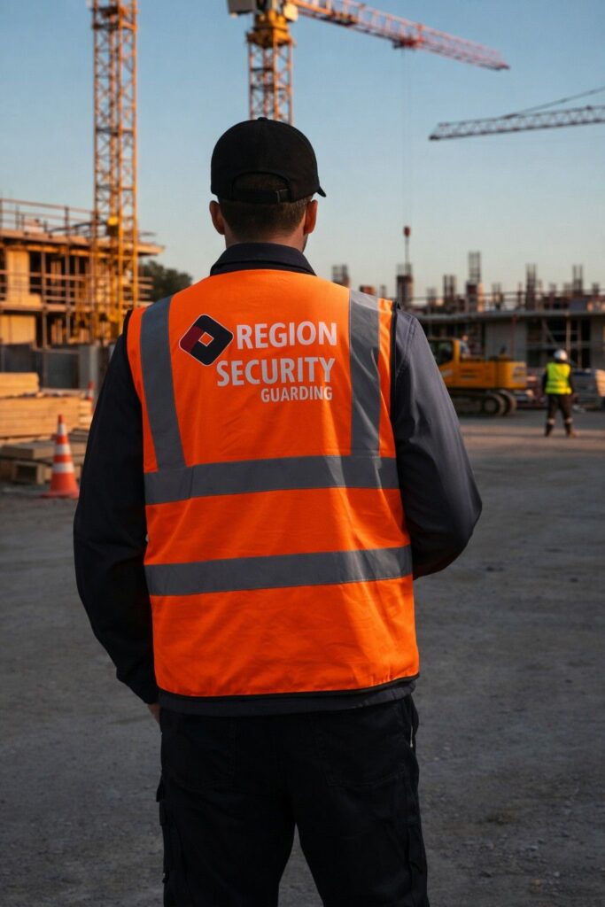 A security officer from Region Security Guarding on a construction site security watch in the UK.