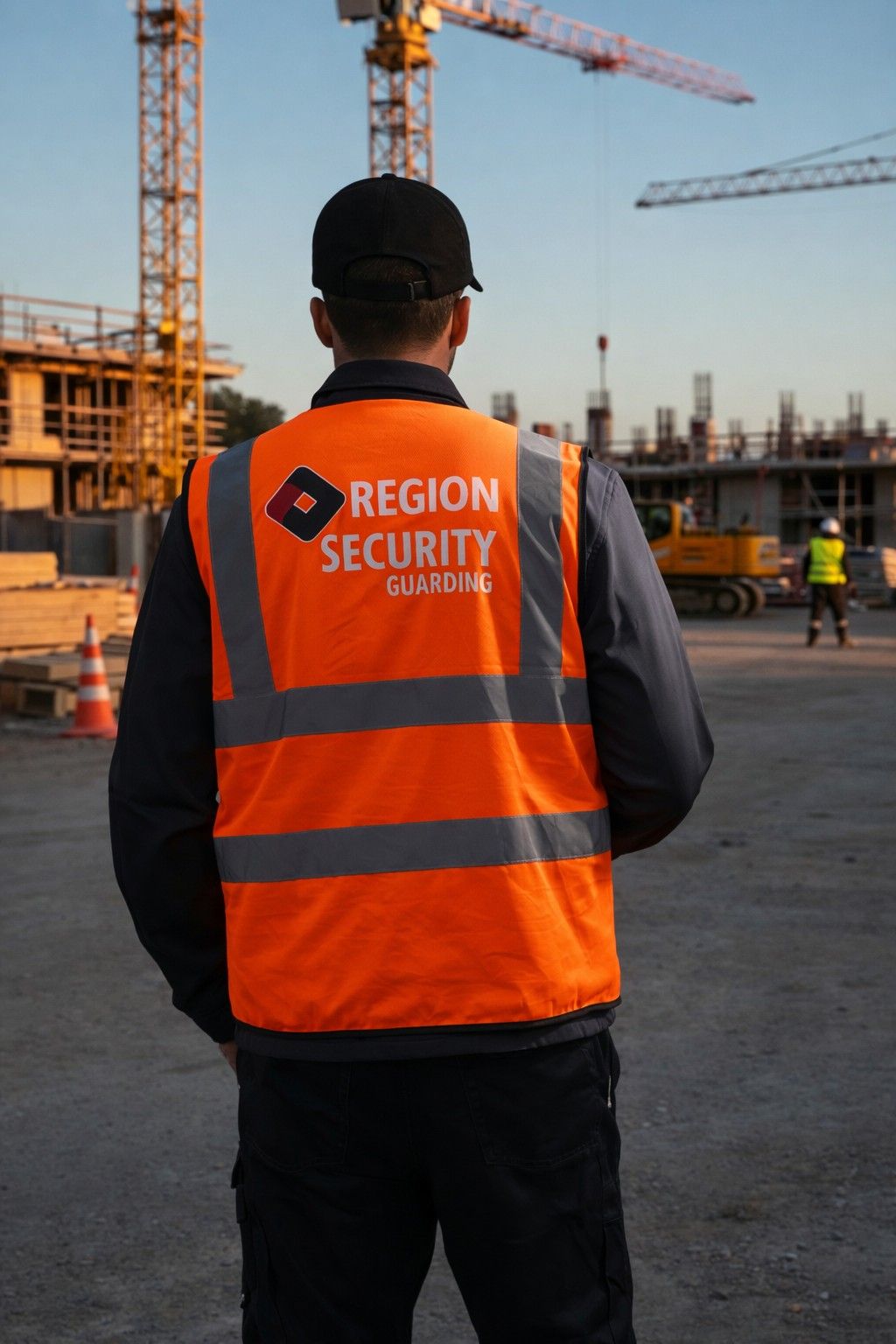 A security officer from Region Security Guarding on a construction site security watch in the UK.